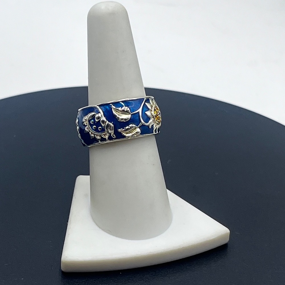 Concorde Collection Blue Enamel Swarovski Jeweled Sunflower Van Gogh Ring 7.75
